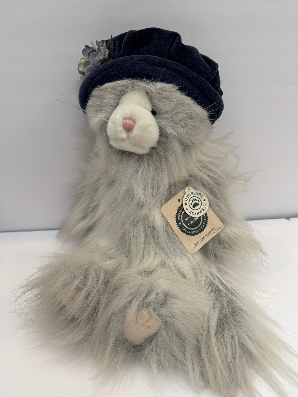 Boyds Bears Cat Miss Prissy Fussybuns 15" Plush Gray Furry Long Hair Kitty W Hat
